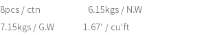 8pcs / ctn 6.15kgs / N.W 7.15kgs / G.W 1.67' / cu'ft