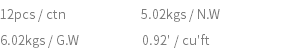 12pcs / ctn 5.02kgs / N.W 6.02kgs / G.W 0.92' / cu'ft