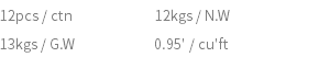 12pcs / ctn 12kgs / N.W 13kgs / G.W 0.95' / cu'ft