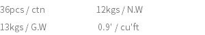 36pcs / ctn 12kgs / N.W 13kgs / G.W 0.9' / cu'ft